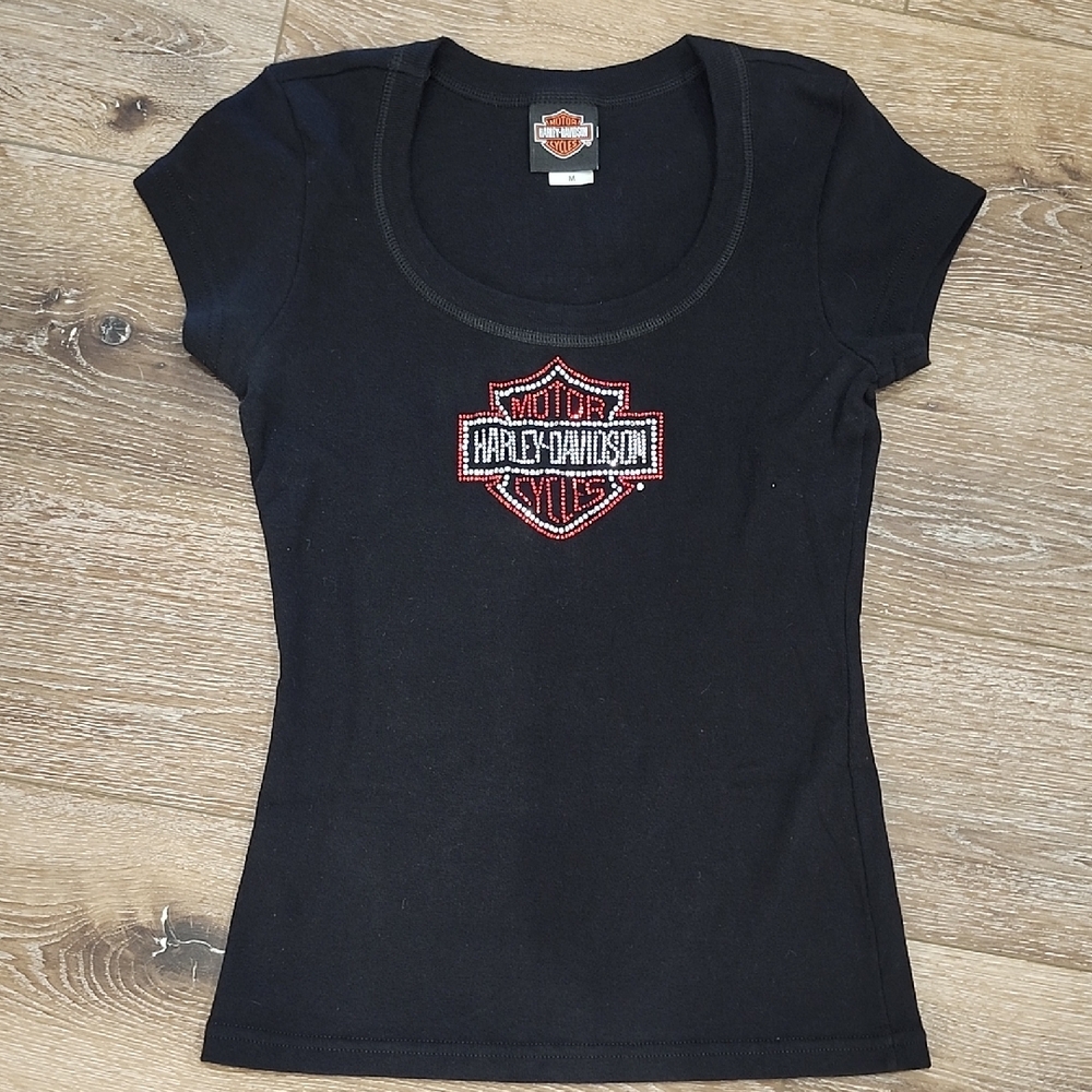 Harley-Davidson R.K. Stratman Tag Y2K Black Tee Red Crystal Logo Moto Bikercore